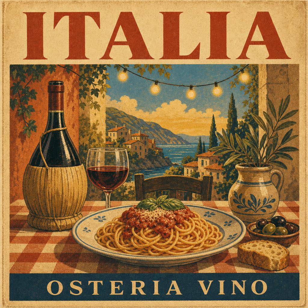 La Tavola: At a rustic trattoria with pasta and a bottle of red.