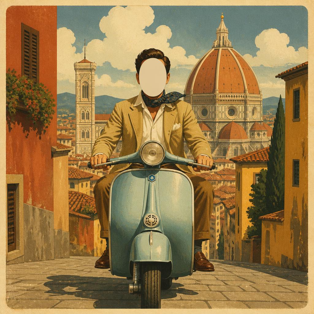 Vintage Italian travel poster: a caricature on a Vespa in Florence.